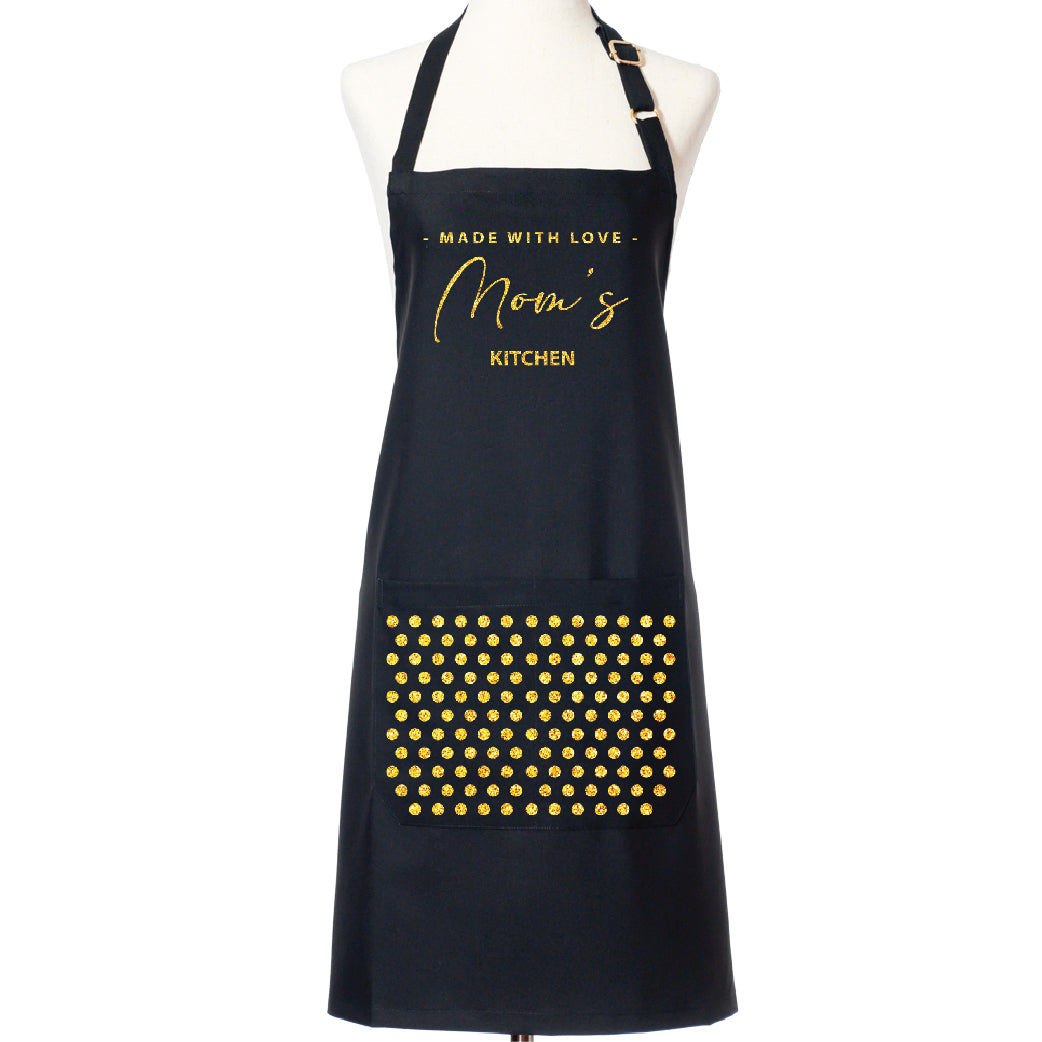 Mom's Kitchen Black Apron with Pockets, Adjustable Strap
