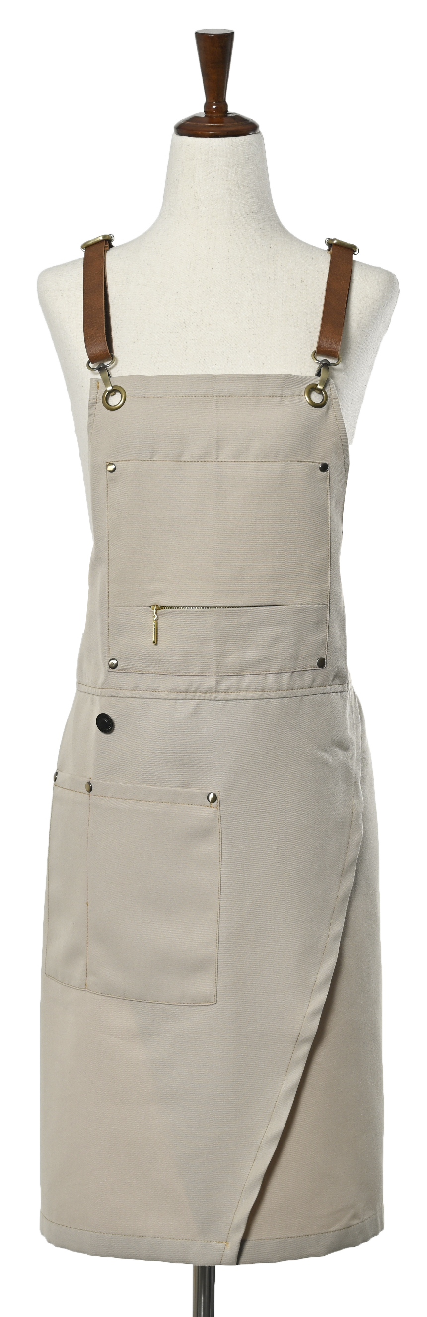 Khaki Apron Split-leg with Pockets, Adjustable Cross-back Straps