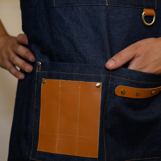 Handmade Denim Bib Apron with Leather Straps and Pockets