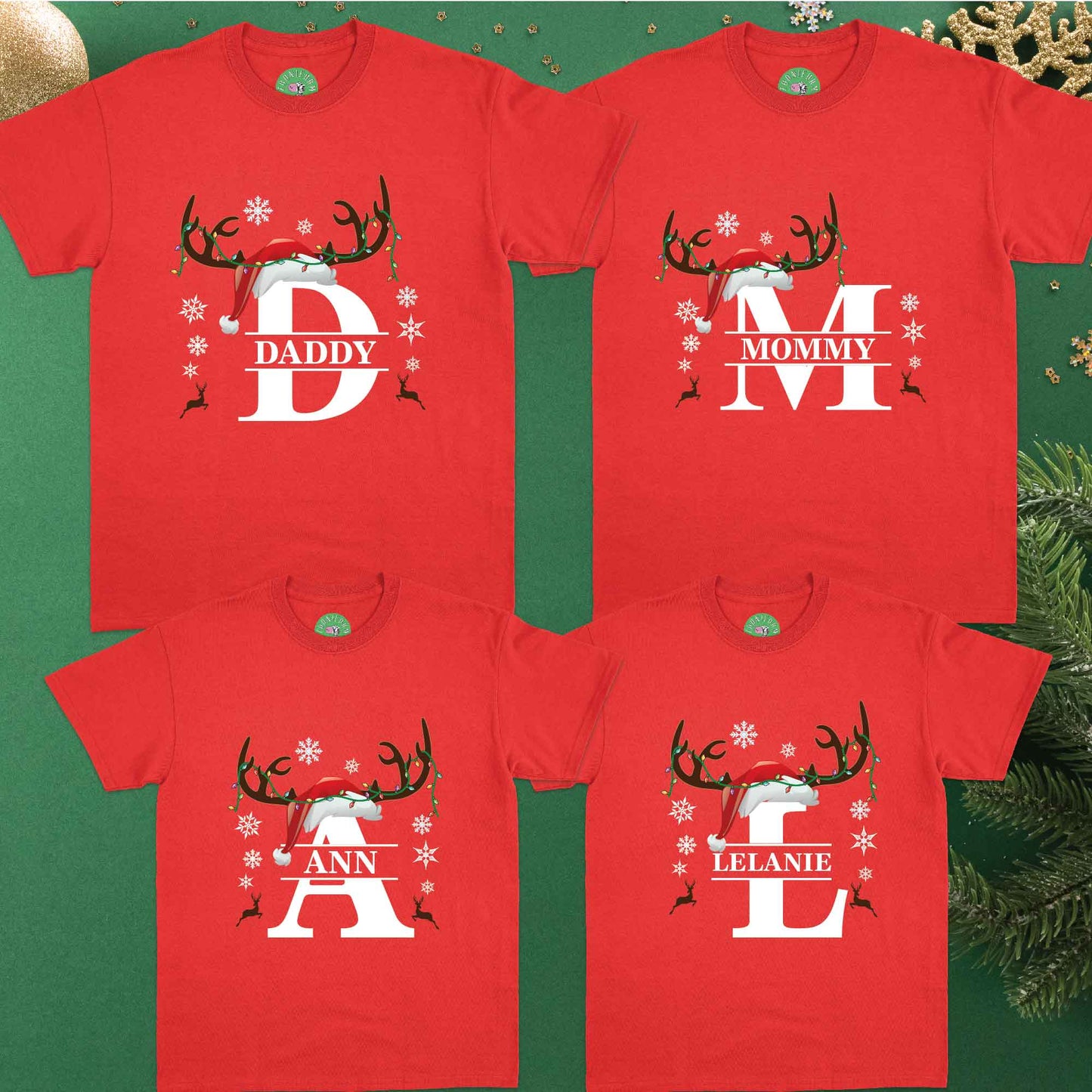 Custom Matching Family Name Christmas T-shirt, Long Sleeve Tee, Sweatshirt, Hoodie - Reindeer and Custom Letters