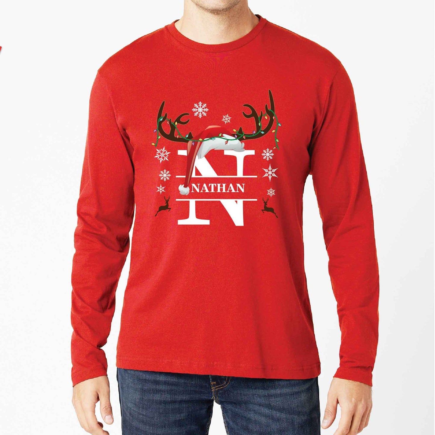 Custom Matching Family Name Christmas T-shirt, Long Sleeve Tee, Sweatshirt, Hoodie - Reindeer and Custom Letters