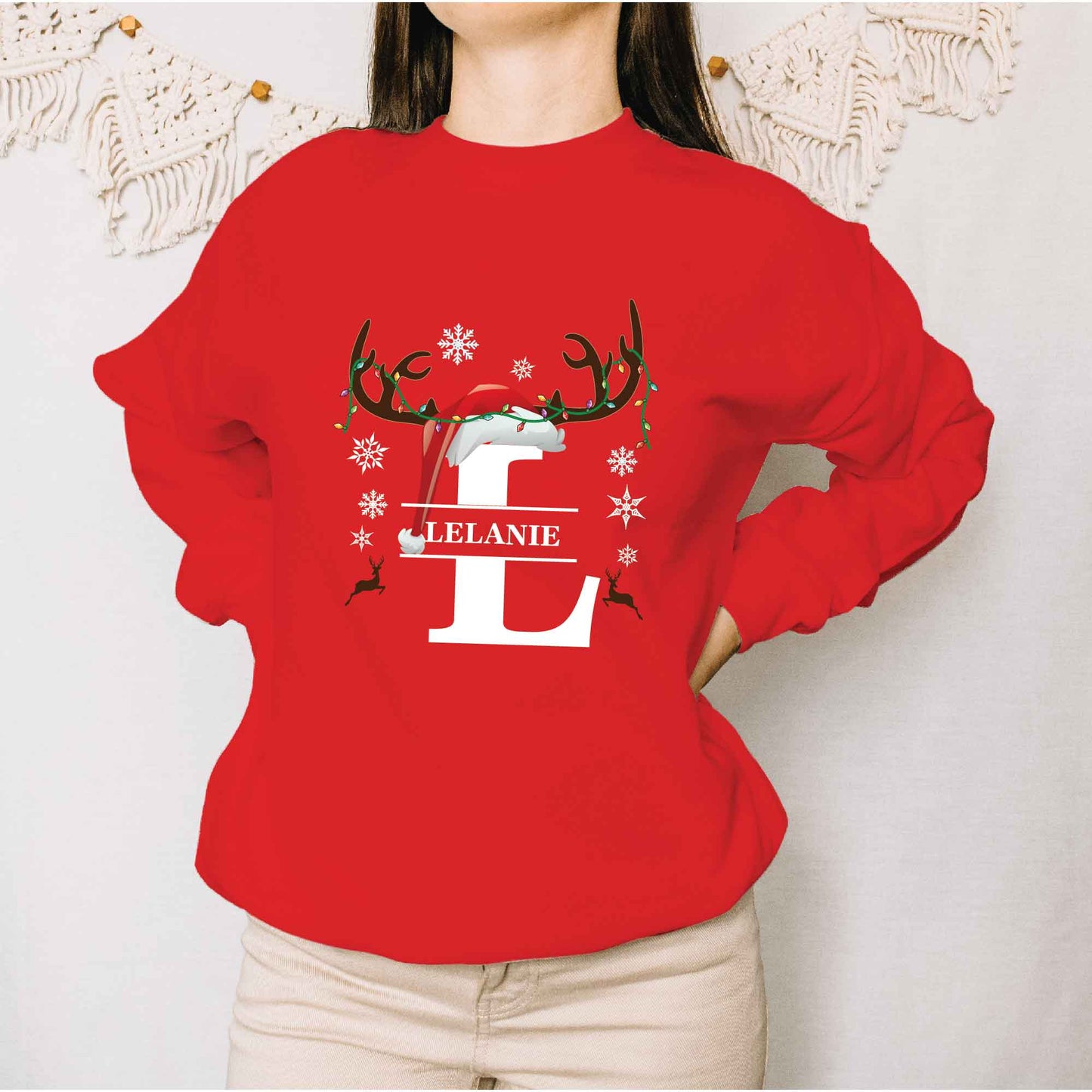 Custom Matching Family Name Christmas T-shirt, Long Sleeve Tee, Sweatshirt, Hoodie - Reindeer and Custom Letters