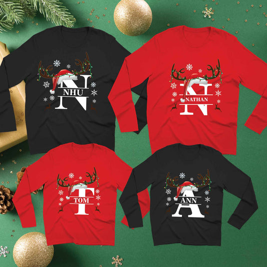 Custom Matching Family Name Christmas T-shirt, Long Sleeve Tee, Sweatshirt, Hoodie - Reindeer and Custom Letters