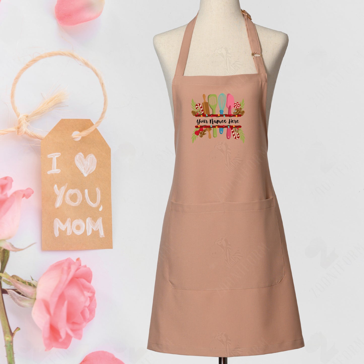 Personalize Name for Kitchen Apron with Two Pockets, Adjustable Strap