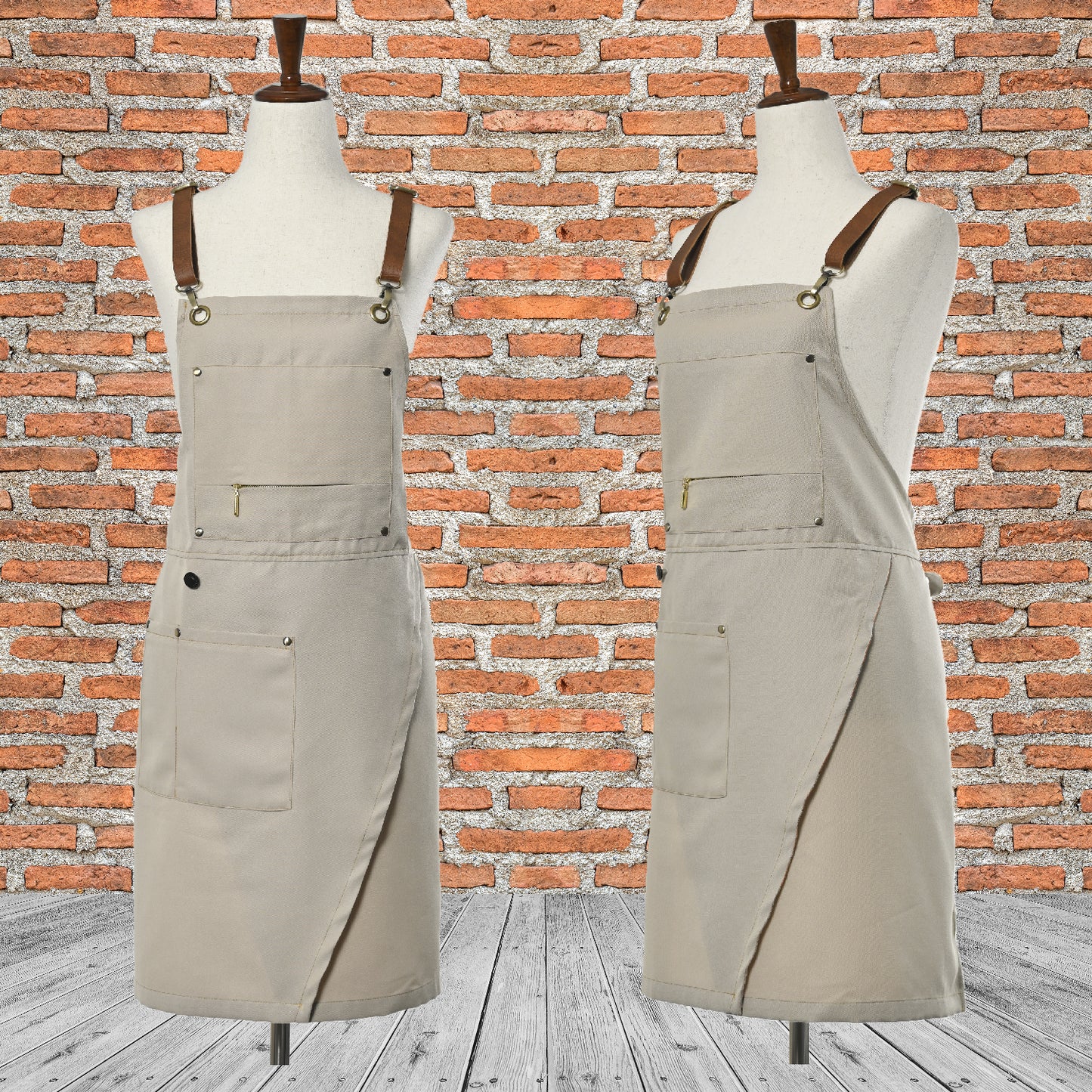 Khaki Apron Split-leg with Pockets, Adjustable Cross-back Straps