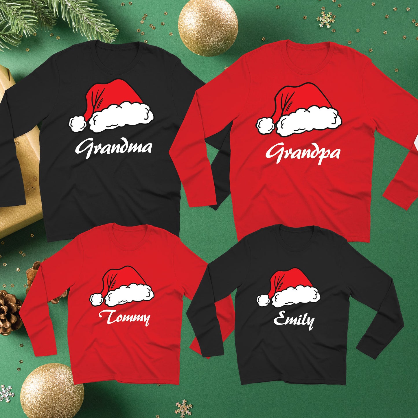 Custom Family Name with Santa Clause Hat - Unisex Christmas T-shirt, Long Sleeve, Sweatshirt