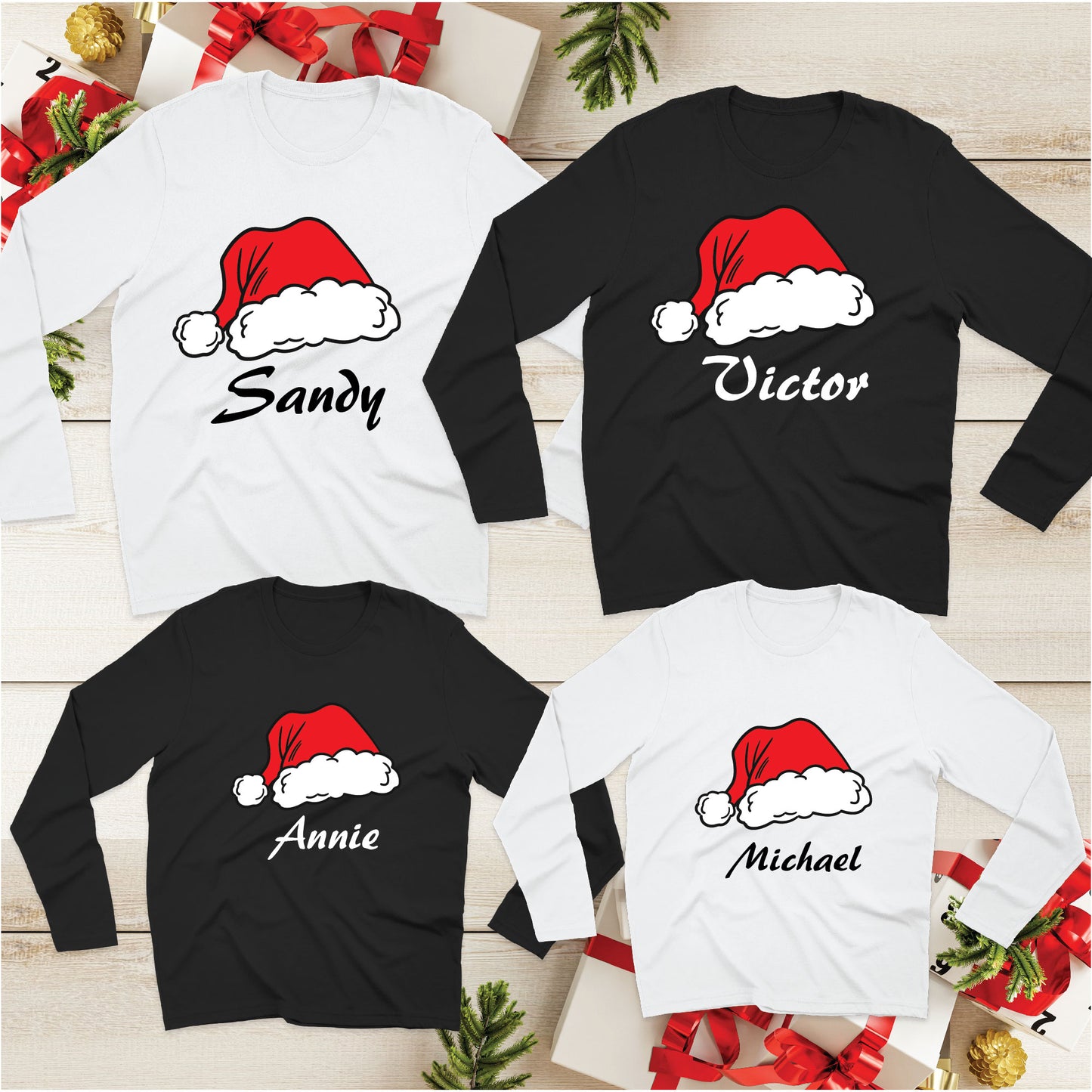 Custom Family Name with Santa Clause Hat - Unisex Christmas T-shirt, Long Sleeve, Sweatshirt
