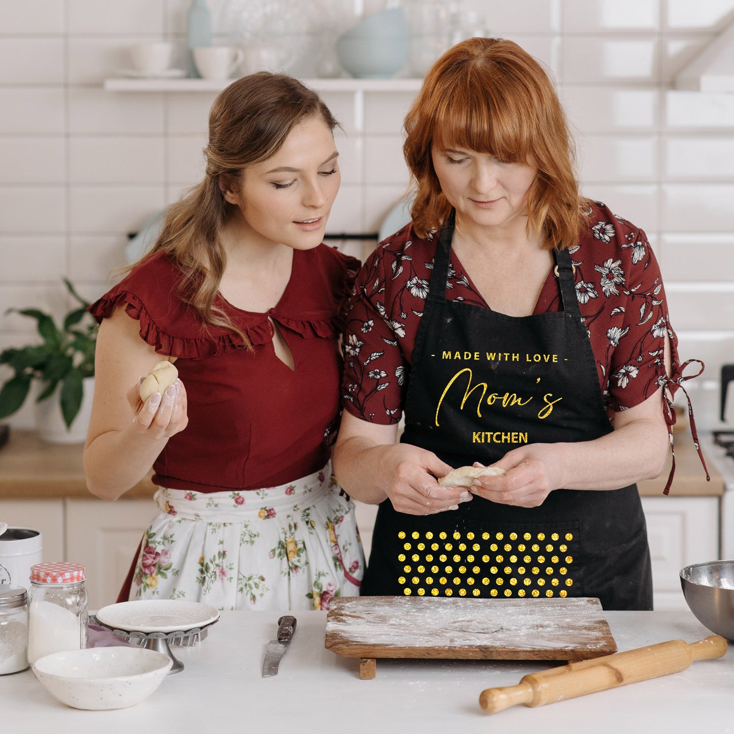 Mom's Kitchen Black Apron with Pockets, Adjustable Strap