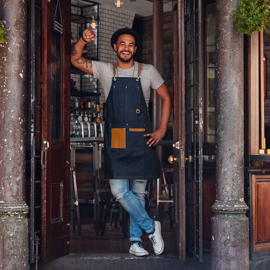 Handmade Denim Bib Apron with Leather Straps and Pockets